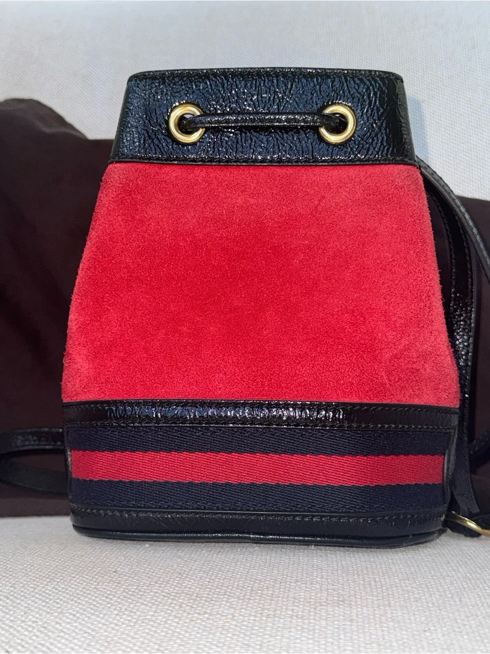 Gucci Ophidia Mini Red Suede and Black Accent Bucket Bag